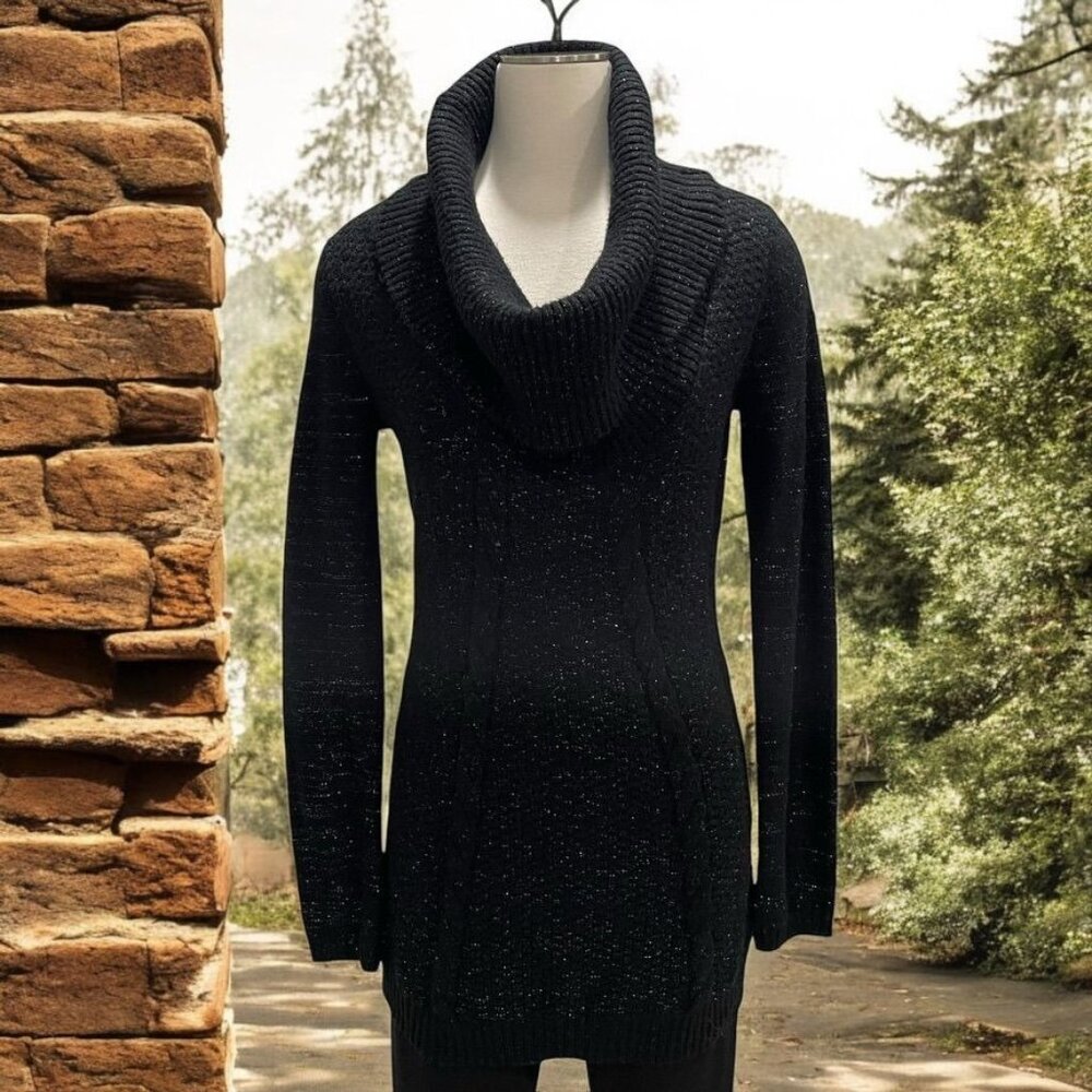 G By Guess Black Sparkle Sweater Large Cowl‎ Neck Holiday Glam Cozy Bling Winter